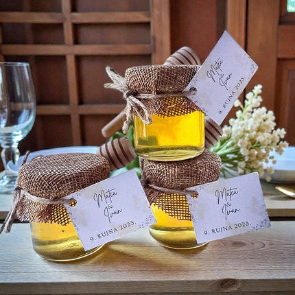 Vjenčani poklon zahvalnica od jute s medom 25 ml